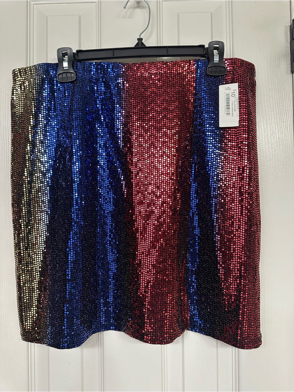 Multicolor Sequin Mini Skirt w/Front Thigh Slit- Shimmery Red, Blue & Gold